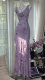 Elegant Purple Mermaid Printed Boat Neck Chiffon Long Prom Dress Evening Dress HZ1022