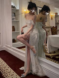 Mermaid Off The Shoulder Sequin Floor Length Prom Dress With Slit 21st Birthday Outfit HZ1022
