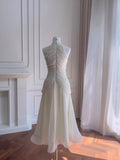 Elegant Ivory A-line Halter Nack Pearl Pleated Chiffon Prom Dress Evening Dress HZ1022
