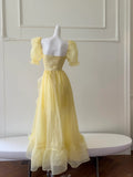 Sweet Yellow A-line Square Neck Puff Sleeve Lace Tulle Long Prom Dress HZ1022