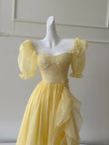 Sweet Yellow A-line Square Neck Puff Sleeve Lace Tulle Long Prom Dress HZ1022