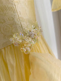 Sweet Yellow A-line Square Neck Puff Sleeve Lace Tulle Long Prom Dress HZ1022