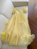 Sweet Yellow A-line Square Neck Puff Sleeve Lace Tulle Long Prom Dress HZ1022