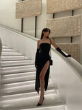 Simple A line Strapless Sleeveless Black Prom Dresses Slit Knee Length Prom Dress HZ1022
