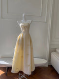 Sweet Light Yellow A-line Spaghetti Strap Bow Satin Long Prom Dress Evening Dress Bridesmaid Dress HZ1022