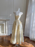 Sweet Light Yellow A-line Spaghetti Strap Bow Satin Long Prom Dress Evening Dress Bridesmaid Dress HZ1022