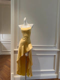 Elegant Yellow Irregular Halter Neck Satin Short Front Long Back Prom Dress HZ1022
