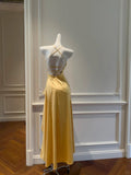 Elegant Yellow Irregular Halter Neck Satin Short Front Long Back Prom Dress HZ1022