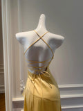 Elegant Yellow Irregular Halter Neck Satin Short Front Long Back Prom Dress HZ1022