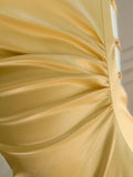 Elegant Yellow Irregular Halter Neck Satin Short Front Long Back Prom Dress HZ1022