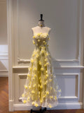 Beautiful Yellow A-line Square Neck Strapless 3D Flower Mesh Long Prom Dress HZ1022