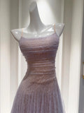 Dreamy Lavender A-line Suspender Strap Pleated Tulle Long Prom Dress Evening Dress HZ1022