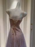 Dreamy Lavender A-line Suspender Strap Pleated Tulle Long Prom Dress Evening Dress HZ1022