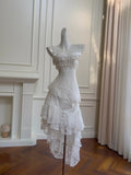 Vintage Gorgeous White Irregular Strap Pearl Lace Prom Dress Evening Dress Bridesmaid Dress HZ1022