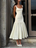 Vintage Mermaid Square Neckline White Ruffles Long Prom Dress Formal Dresses HZ1022