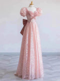 Princess A line Pink Short Sleeves Sequin Long Prom Dresses HZ1022