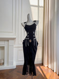 Vintage Black Mermaid Lace and Satin Long Prom Dress HZ1022