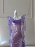 Fantasy Purple Mermaid Ruffled Tulle Sequined Long Prom Dress Evening Dress HZ1022