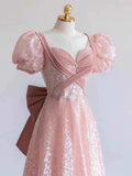 Princess A line Pink Short Sleeves Sequin Long Prom Dresses HZ1022