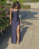 Sexy Mermaid Halter Sleeveless Navy Blue Long Prom Dresses HZ1022