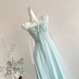 Elegant Light Blue A-line Square Neck Tulle Long Prom Dress Evening Dress Bridesmaid Dress HZ1022