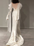 V Back Spliced Satin Long Sleeve Slash Neck Bodycon Prom Dress Birthday Outfits HZ1022