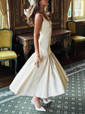 Vintage Mermaid Square Neckline White Ruffles Long Prom Dress Formal Dresses HZ1022