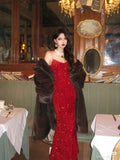 Stunning Mermaid Spaghetti Straps Long Red Sequin Prom Dress Birthday Outfits HZ1022