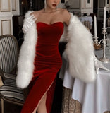 Stunning Mermaid Strapless Long Red Velvet Prom Dress Birthday Outfits HZ1022