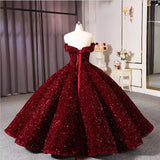 Luxurious Burgundy Ball Gown Off-The-Shoulder Ruffles Prom Dress 22th Birthday Outfits HZ1022
