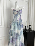 Dreamy Purple And Blue Gradient A-line Spaghetti Strap Cake Chiffon Long Prom Dress Evening Dress HZ1022