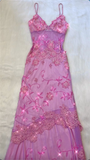 Beautiful A Line Spaghetti Straps Pink Long Prom Dresses Backless Tulle Evening Gowns HZ1022