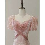 Princess A line Pink Short Sleeves Sequin Long Prom Dresses HZ1022