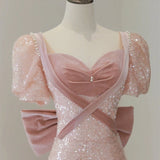 Princess A line Pink Short Sleeves Sequin Long Prom Dresses HZ1022