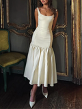 Vintage Mermaid Square Neckline White Ruffles Long Prom Dress Formal Dresses HZ1022