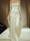 Vintage A line Strapless Long Sleeves White Silk Satin Backless Wedding Dresses HZ1022