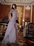 Mermaid Off The Shoulder Sequin Floor Length Prom Dress With Slit 21st Birthday Outfit HZ1022
