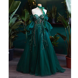 Vintage A line Appliques Lace-Up A-Line Dark Green Tulle Prom Dresses HZ1022