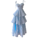 French Chiffon Plate With Embroidered Small Dress Elegant Sweet Blue Dress With Belt Sling Cake Dress 68579
