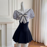 Qtevry Fish Bone Sailor Collar Blouse High Waist Skirt Short Skirt Academy Hottie Two-Piece Navy Suit 8469
