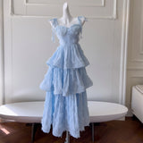 French Chiffon Plate With Embroidered Small Dress Elegant Sweet Blue Dress With Belt Sling Cake Dress 68579
