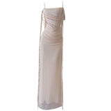 French Knitted Elastic Net Dress Bead Chain Ribbon Temperament Bag Fishtail Dress Hanging Dress 69310