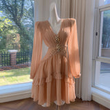 Qtevry 2025 Autumn And Winter New Champagne Powder Long Sleeve V To Receive Waist Thin Daily Dress Women 68918