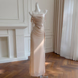 French Knitted Elastic Net Dress Bead Chain Ribbon Temperament Bag Fishtail Dress Hanging Dress 69310