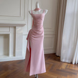 Qtevry Temperament Sling Skirt Folding Ribbon High Open Evening Dress Elegant French Dress 69339+Y479