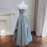 Qtevry Lila 2025 Early Autumn New Twilight Blue Plasts Sling Sling With Bow Bows Long Dress 69438