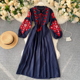 Bohemian Embroidered Round Neck Balloon Sleeve Women Dress HZ1022