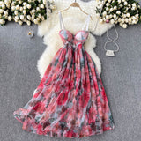 Sexy Spaghetti Straps Pink Floral Dress Summer Women Holiday Dress HZ1022