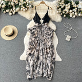 Sexy V-neck backless dress female ink painting new suspenders irregular holiday dress HZ1022