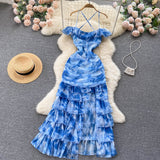 Cute Spaghetti Straps Long Blue Floral Dress Women Holiday Dress HZ1022
